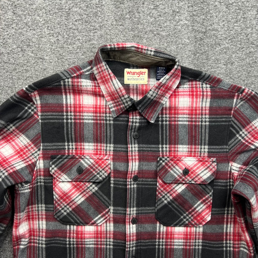 Wrangler Fleece Shirt Mens Medium Red Black Plaid Authentics Long Sleeve Button - Picture 9 of 16
